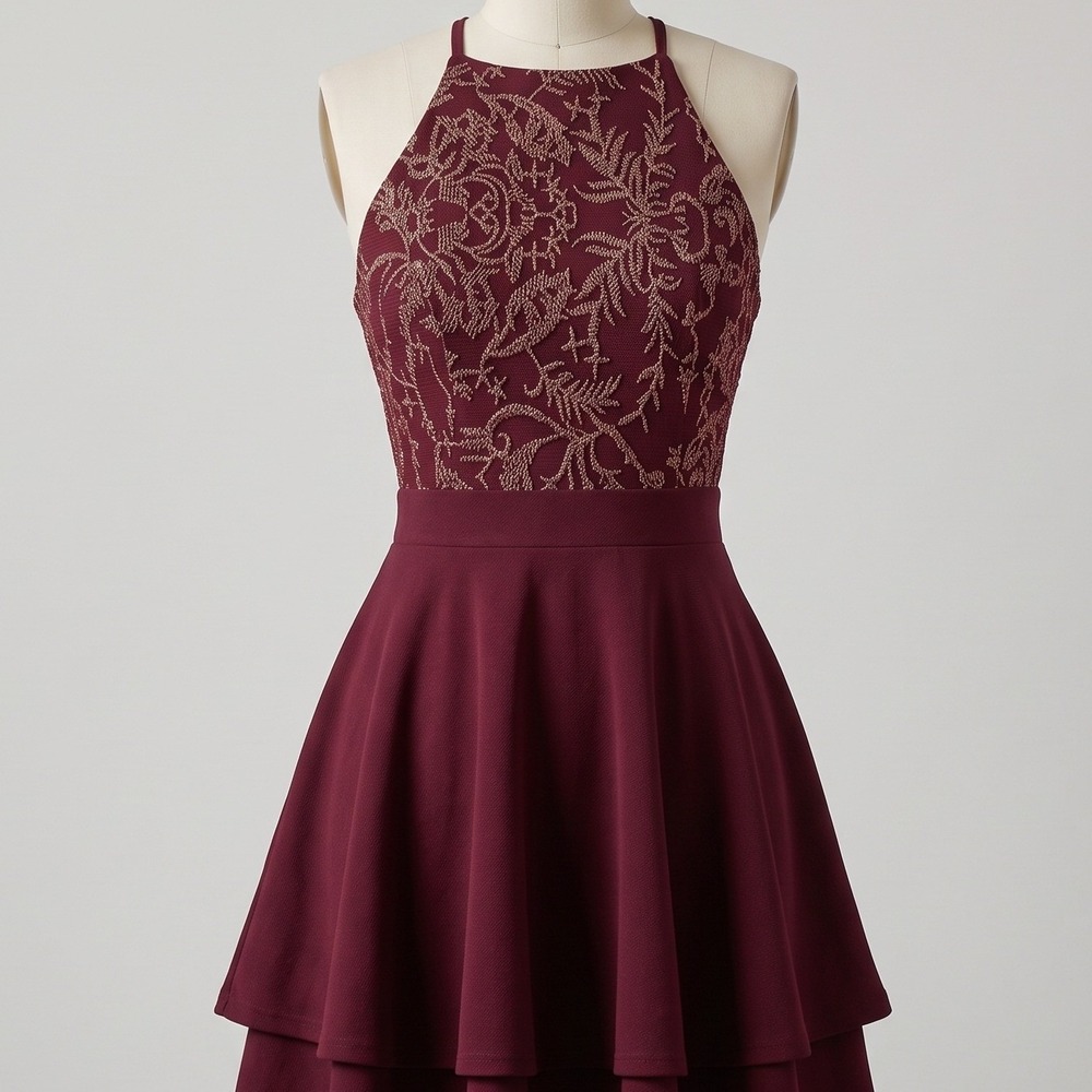 Mi Ami Burgundy Lace Overlay Layered Dress Metallic High Neck Tiered Size S